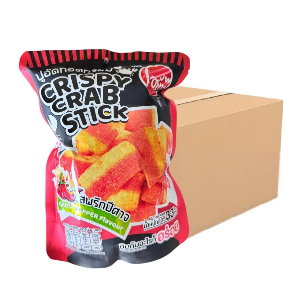 O-yua Crispy Crab Stick Snack with Ghost Pepper Flavor, 33g, showcasing spicy seafood snack in clear packaging