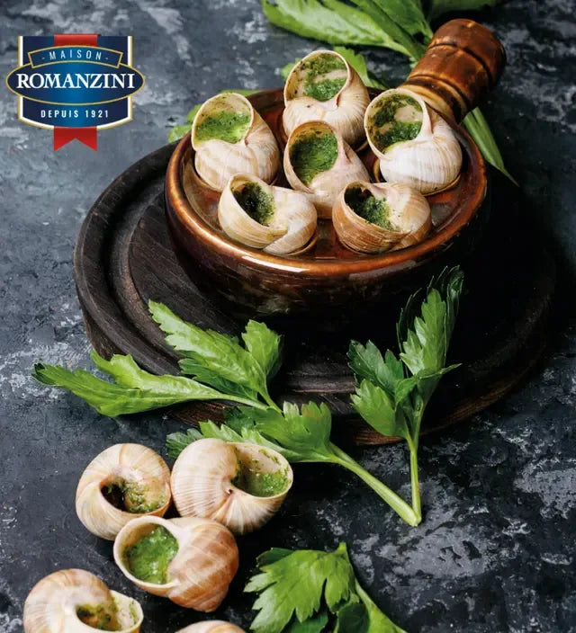 Maison Romanzini Escargot Helix Wild Burgundy Snails in a jar, ready for gourmet cooking, from the Maison Romanzini dry grocery collection.