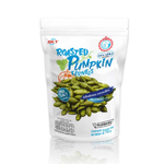 Hand brand hand roasted pumpkin kernels, a crunchy confectionery snack with golden-brown pumpkin seeds on a white background.