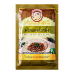 Look Ped Keang Kua Kling grocery product, spicy Thai chili paste in a jar, with vibrant red chili peppers and herbs visible.