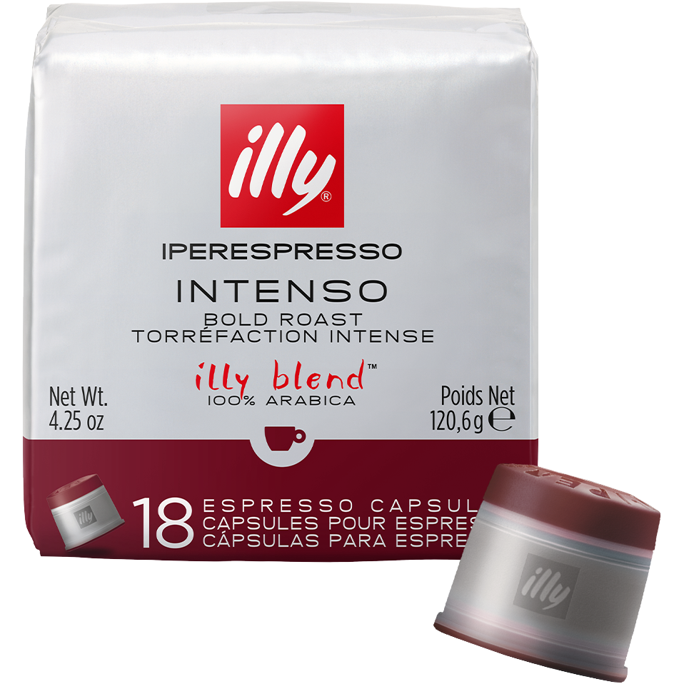Illy Dark Roast Iperespresso capsule coffee pod for espresso drinks, showcasing the sleek black packaging.