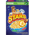 Nestle Honey Stars cereal box with bright yellow packaging and star-shaped cereal pieces displayed.
