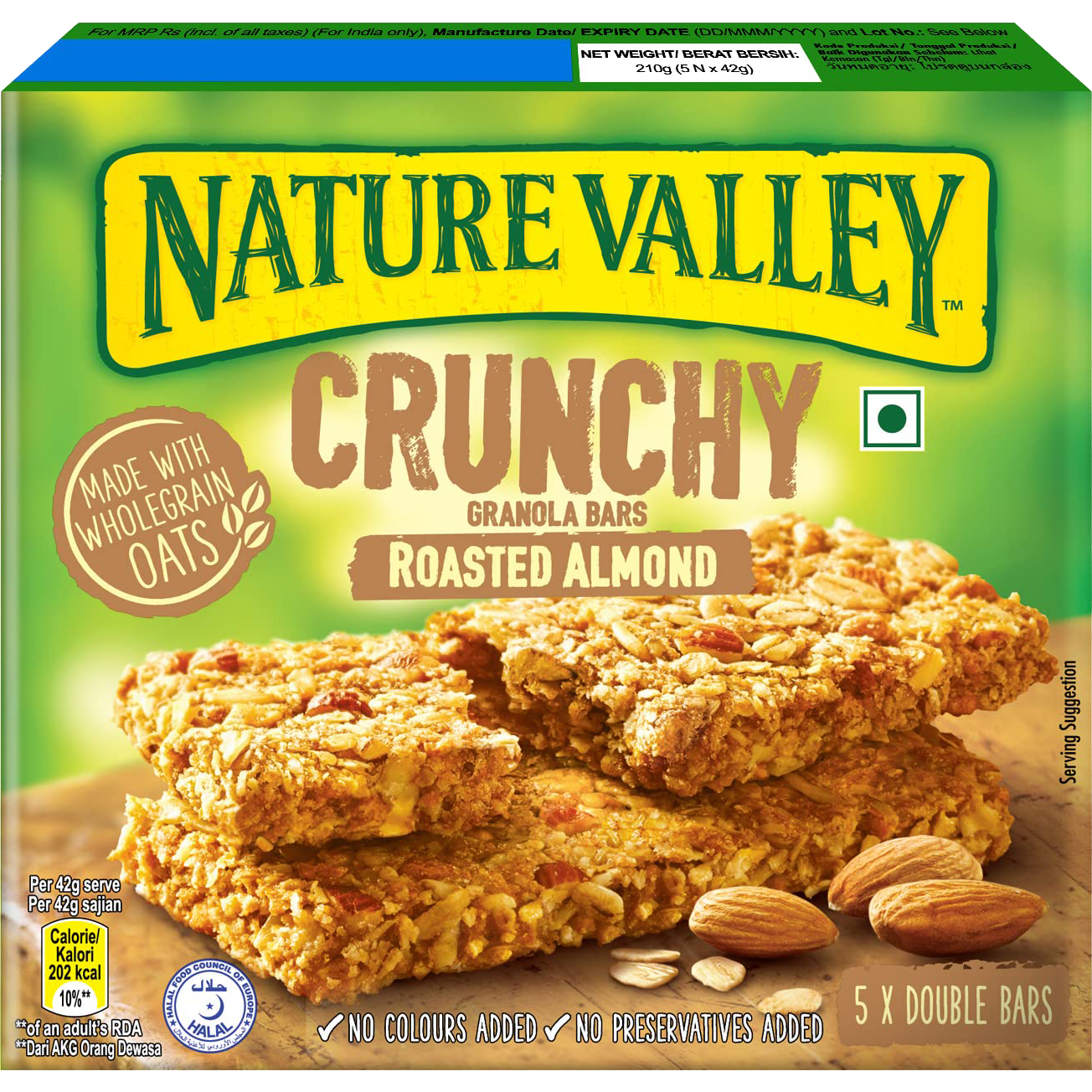 Nature Valley Roasted Almond Crunchy Granola Bars package, showing the bars with almonds and oats in a resealable wrapper.