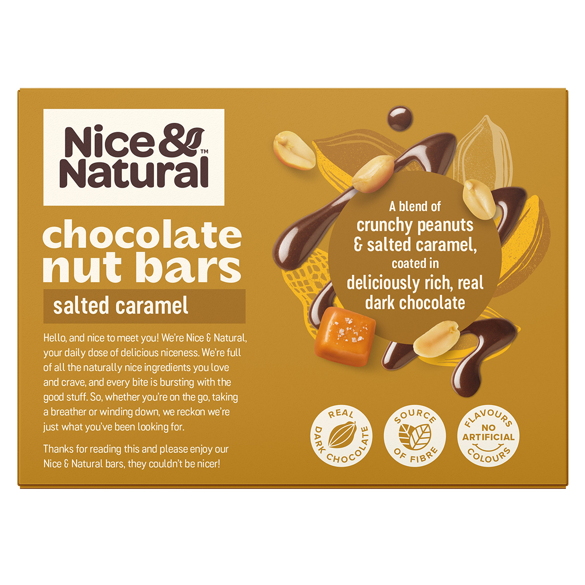 Nice & Natural Salted Caramel Nut Bar for grocery, showing the bar with salted caramel and nut ingredients in the packaging.