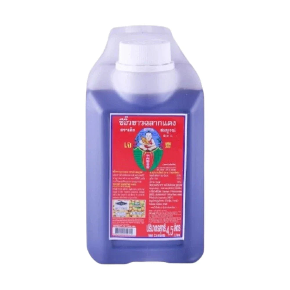 Deksomboon Thin Soy Sauce 4.5L bottle, dry grocery item with clear label and dark soy sauce inside.