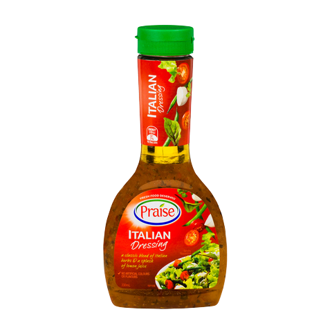 Bottle of Praise Dressing Italian, a flavorful Italian salad dressing in a clear glass bottle with a yellow cap.