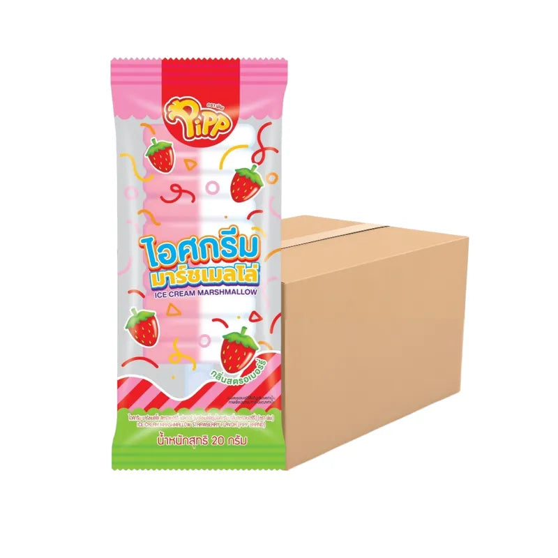 Pipp ICE Cream Marshmallow Strawberry flavor snack pack, 20g x12 pieces, a sweet confectionery treat in colorful packaging.