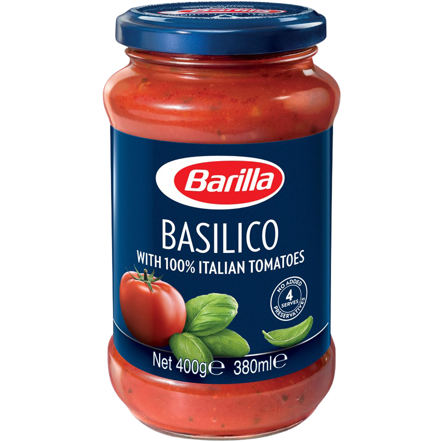 Bottle of Barilla Basilico Tomato & Basil Sauce with fresh basil and ripe tomatoes, ideal for pasta dishes.
