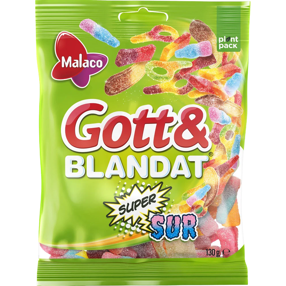 Malaco Gott & Blandat confectionery snacks featuring colorful, assorted gummy candies in a clear container.