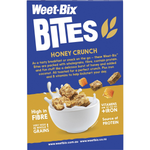 Sanitarium Weet Bix Bites crunchy honey breakfast cereal in a bowl, showing golden, crispy cereal pieces with honey coating.