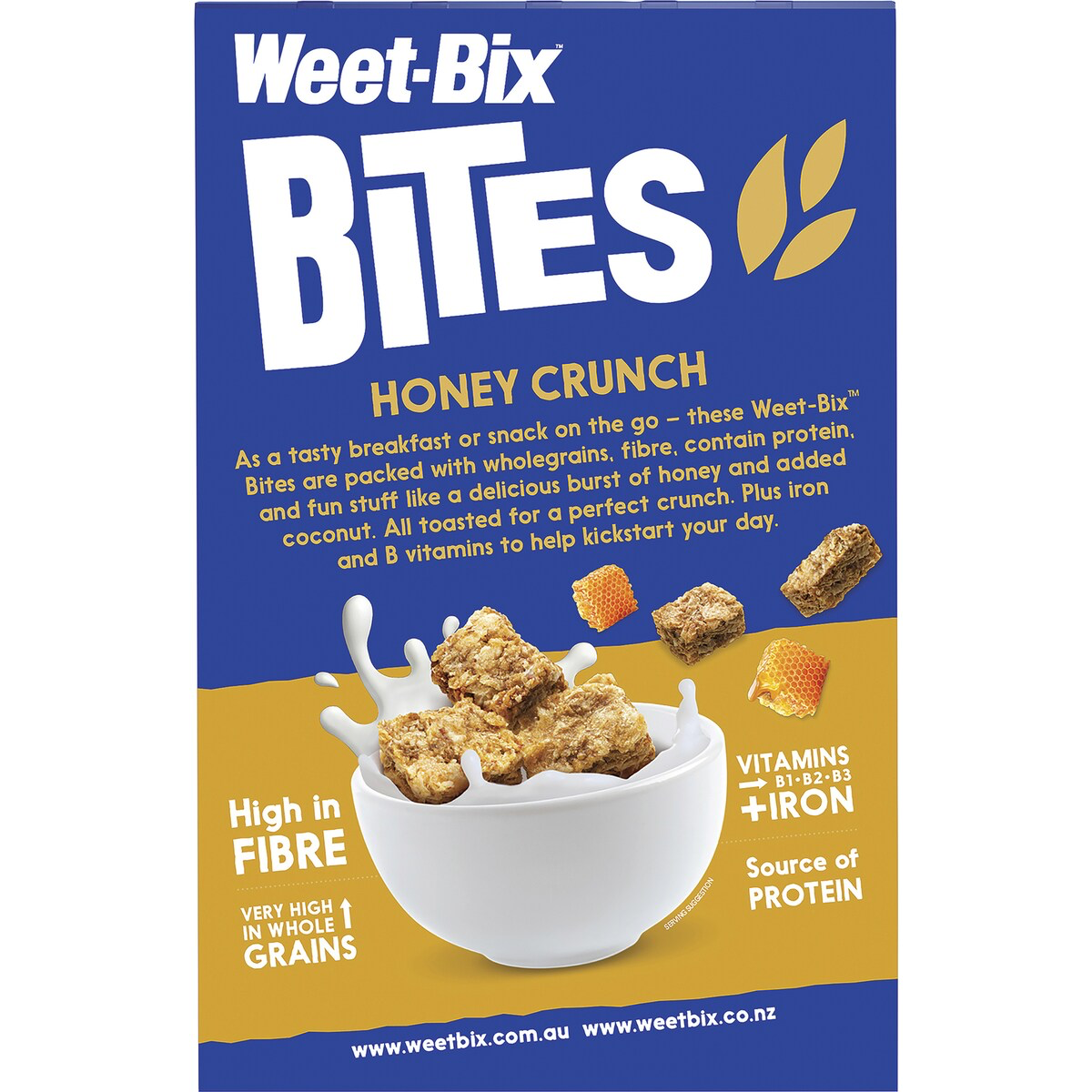 Sanitarium Weet Bix Bites crunchy honey breakfast cereal in a bowl, showing golden, crispy cereal pieces with honey coating.