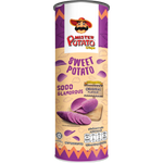 Mister Potato sweet potato crisps in a clear snack bag, showcasing crispy, orange-colored confectionery snack pieces.