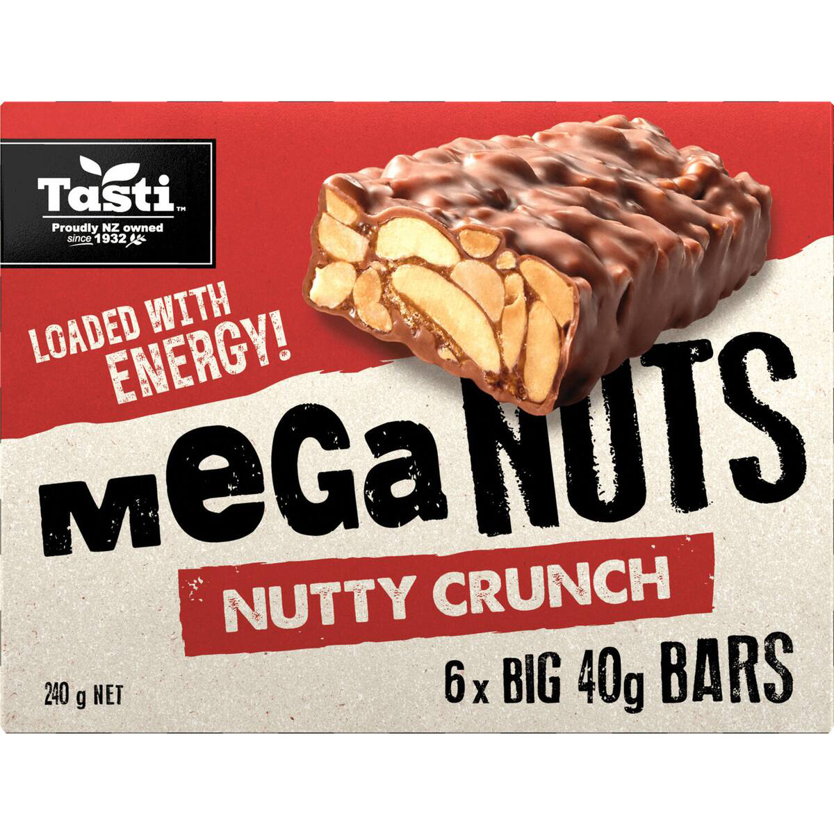 Tasti Mega Nuts Nutty Crunch Bar with assorted nuts and crispy rice in a wrapper, ready for snacking.