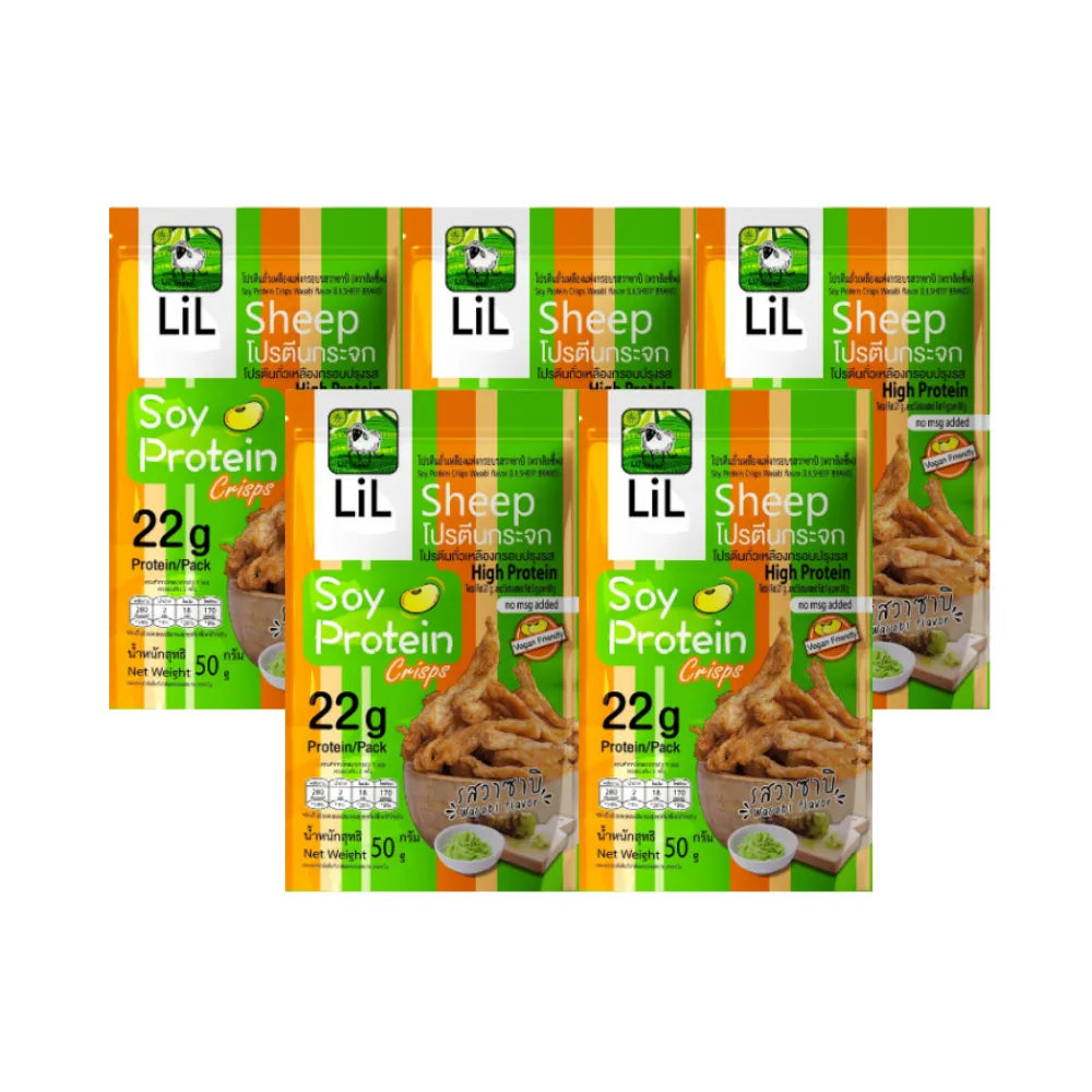Lilsheep Glass Protein Soy Crisps in fragrant wasabi flavor, crunchy snack with a clear glass-like appearance and crispy texture.