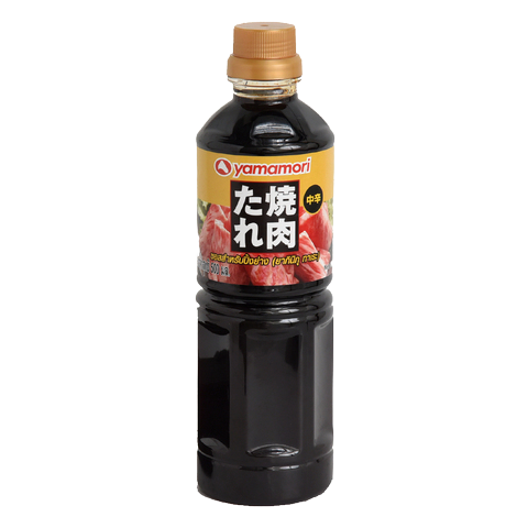 Bottle of Yamamori Yakiniku No Tare sauce, Japanese BBQ marinade in a clear plastic bottle with a green cap.