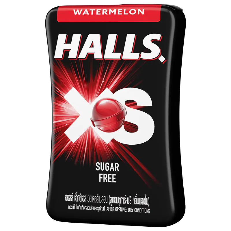 Halls Xs Watermelon confectionery snacks in a colorful package, featuring watermelon flavor candies with a bright and appealing design.