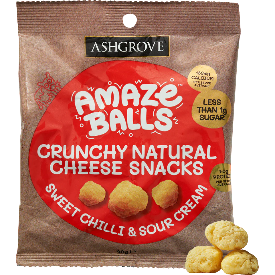Amazeballs Sweet Chilli & Sour Cream confectionery snacks in a colorful package with the snacks visible inside.