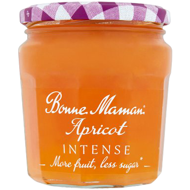 Jar of Bonne Maman Apricot Intense jam with apricot fruit visible, showcasing the rich, vibrant orange color of the preserves.