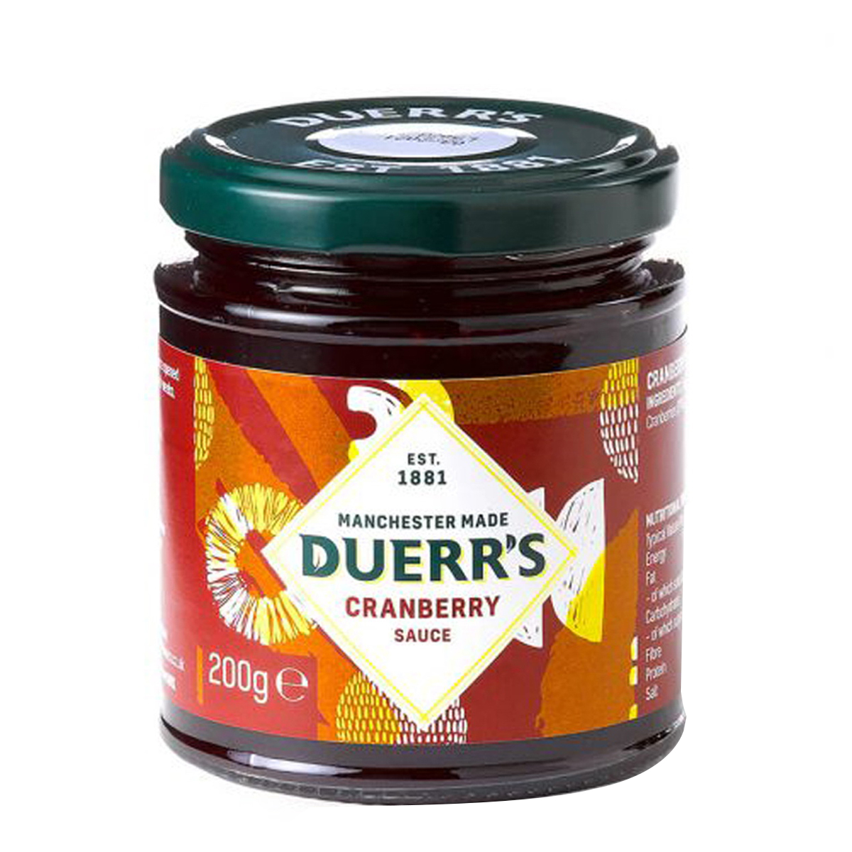 Jar of Duerr's cranberry sauce with fresh cranberries and a spoon on a white background.