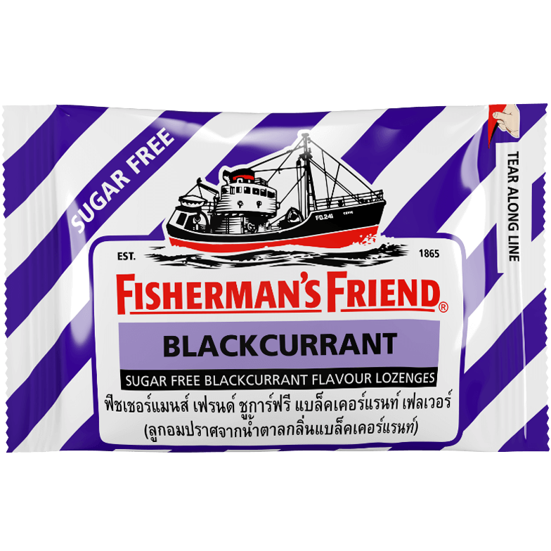 Fisherman's Friend Blackcurrant Flavour Lozenges in a clear package, showcasing the blackcurrant flavored confectionery snacks.