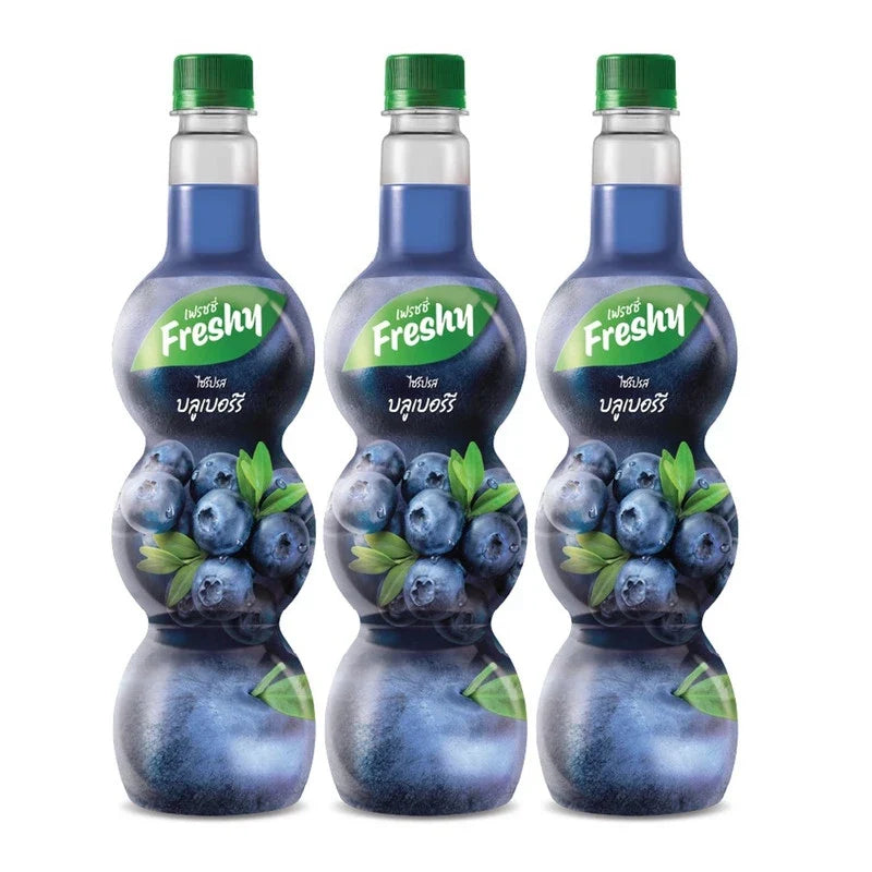 Freshy Blueberry Flavored Syrup 710ml, set of three bottles, ideal for beverages and desserts in dry grocery.