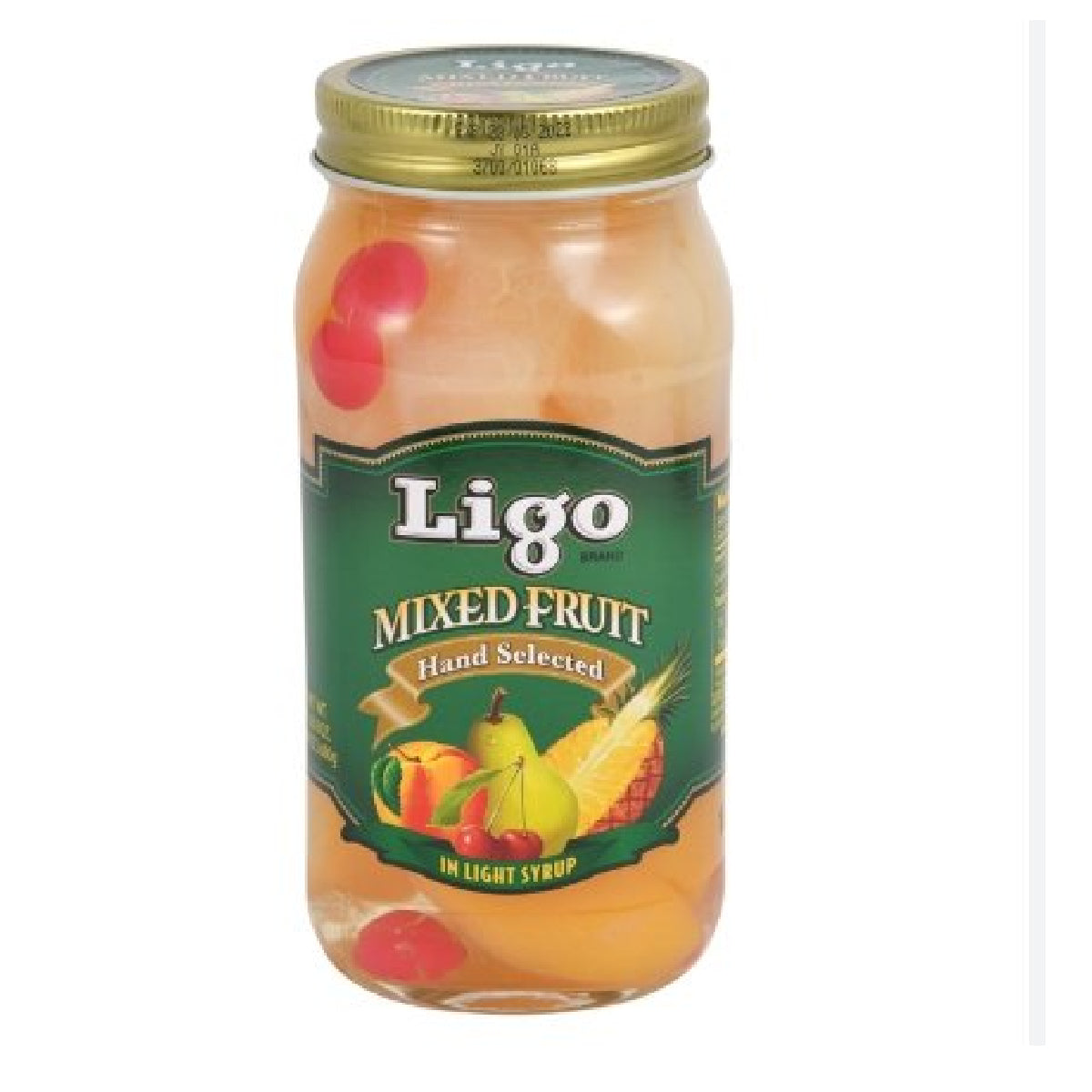 Ligo Mixed Fruit in a clear jar, showing colorful slices of tropical fruits suitable for snacking or cooking.