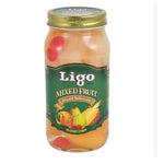 Ligo Mixed Fruit in a clear jar, showing colorful slices of tropical fruits suitable for snacking or cooking.