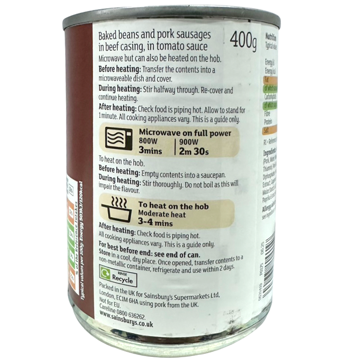 Sainsbury's baked beans in tomato sauce with sausages in a bowl, ready to serve as a hearty grocery meal.