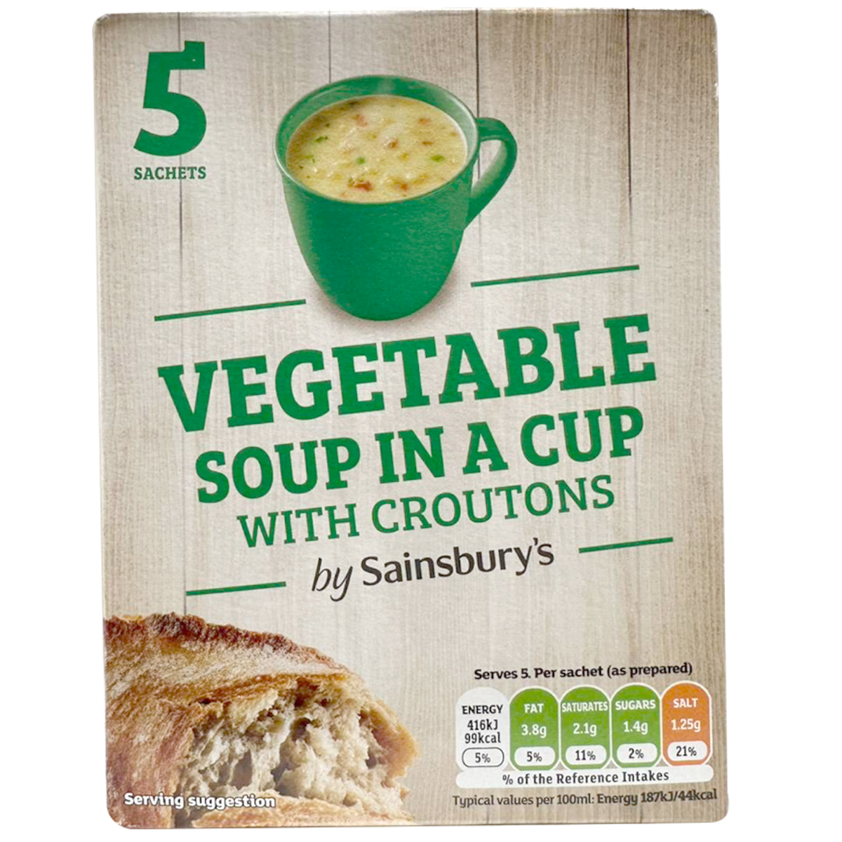 Sainsbury's vegetable soup in a cup with croutons, ready-to-eat grocery product, served in a white cup with vegetable pieces and crispy croutons.