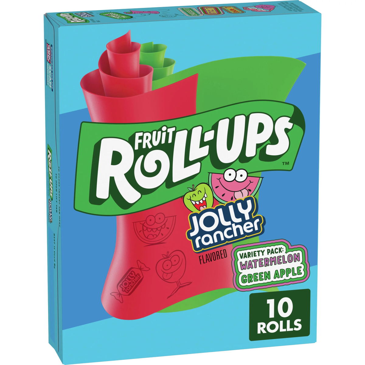 Betty Crocker Fruit Rollups Jolly Rancher confectionery snacks with colorful, fruity rolled candies on a white background.