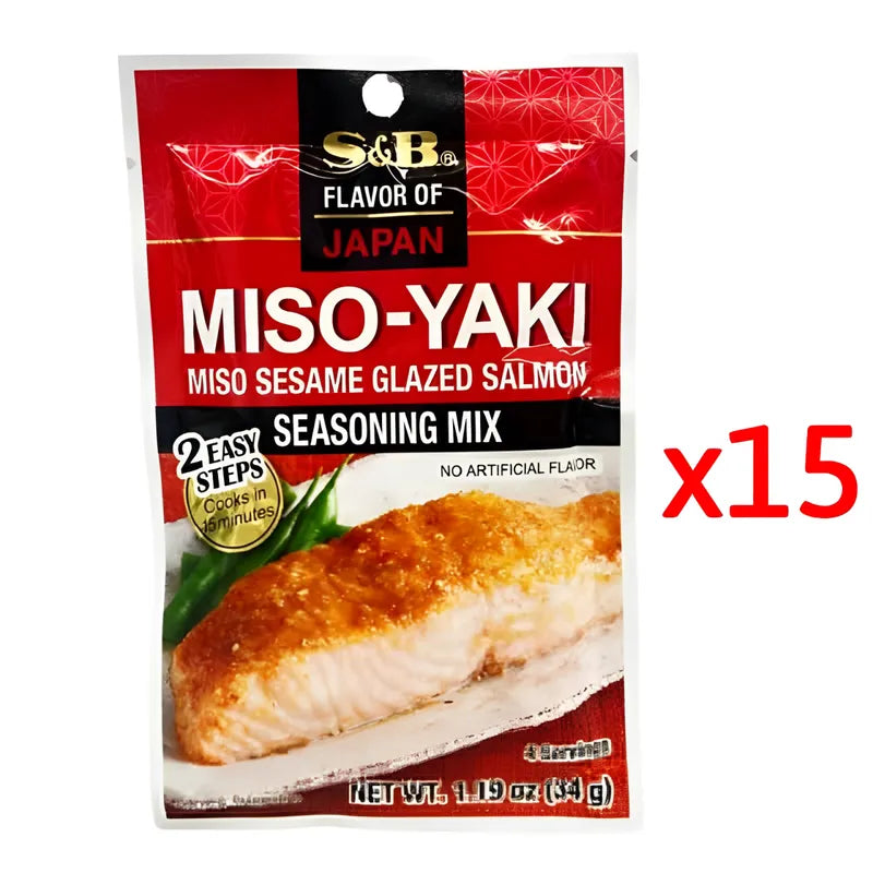 S & B Miso-Yaki seasoning mix sachets, 34g each, for flavorful Japanese dishes, arranged in a row.