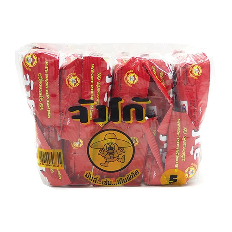 Jangko roasted sunflower seeds with herbs in 15g packs, displayed in a clear bowl, highlighting crispy, seasoned snack pieces.