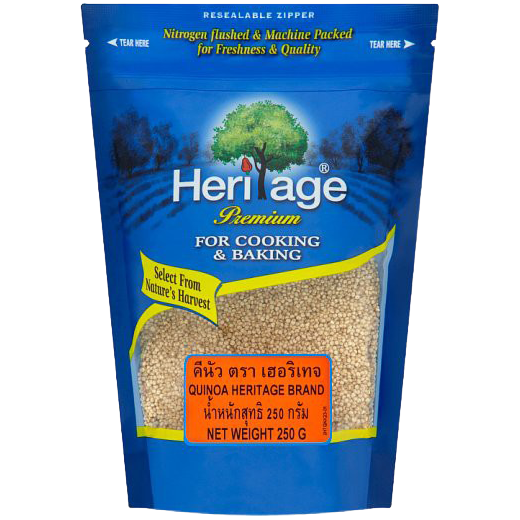Heritage Quinoa in a bag, showing the gluten-free, high-protein grain valued for healthy cooking and nutritious meals.