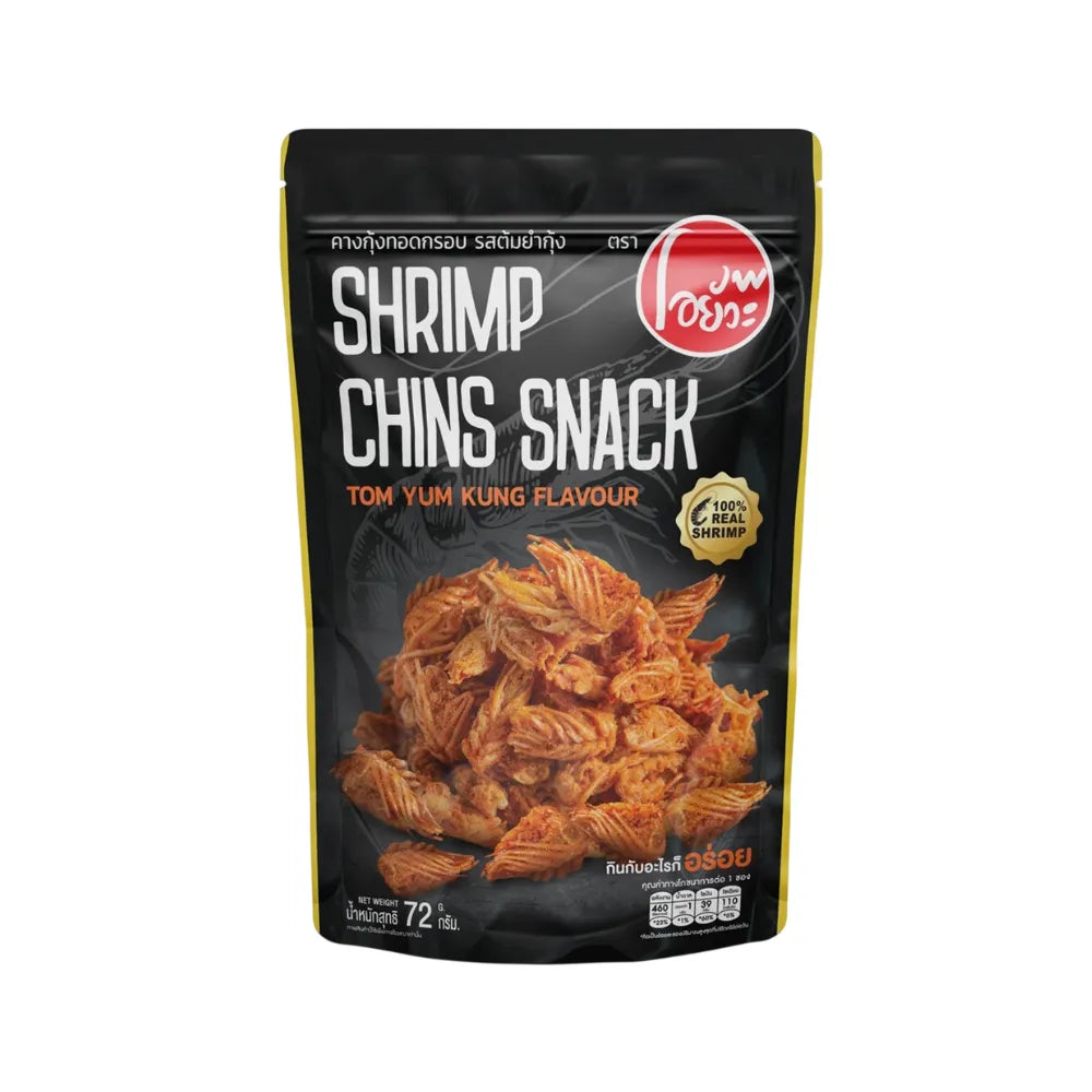 O-yua Crispy Fried Shrimp Chins snack in Tom Yum Kung flavor, 72g, showing crunchy shrimp chins with spicy Thai seasoning