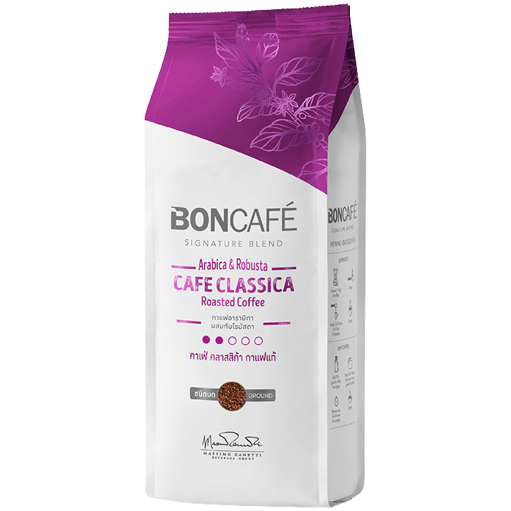 Boncafe Cafe Classica roasted ground coffee in a bag, ready for brewing, showcasing rich, dark coffee grounds.