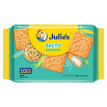Julie���s Salty Crackers in a clear package, showing crispy, salted confectionery snack biscuits from the Julie���s brand.