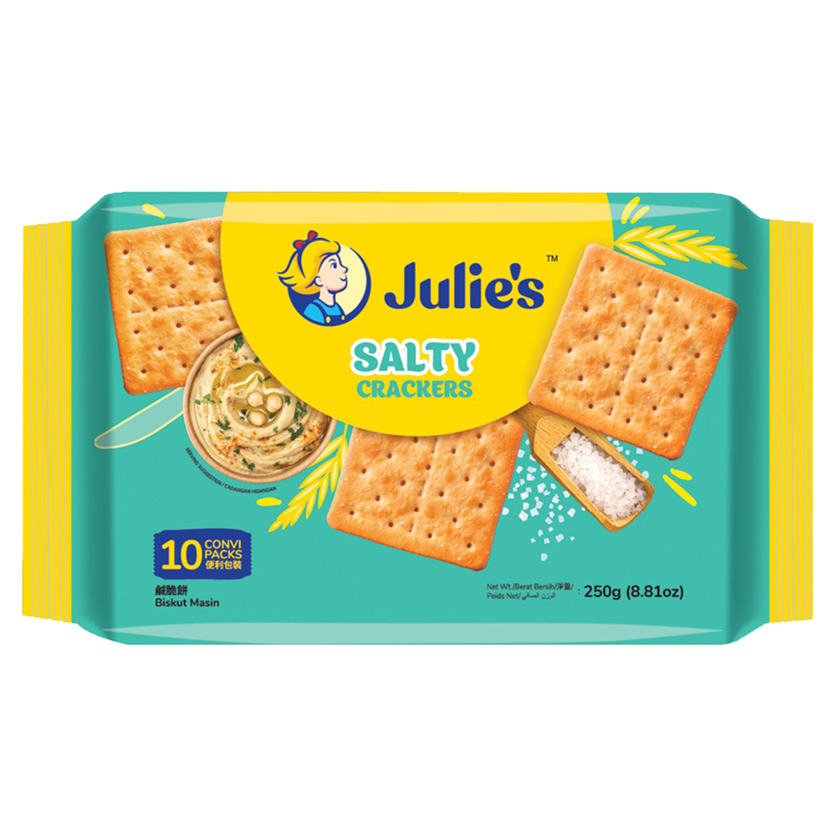 Julie���s Salty Crackers in a clear package, showing crispy, salted confectionery snack biscuits from the Julie���s brand.