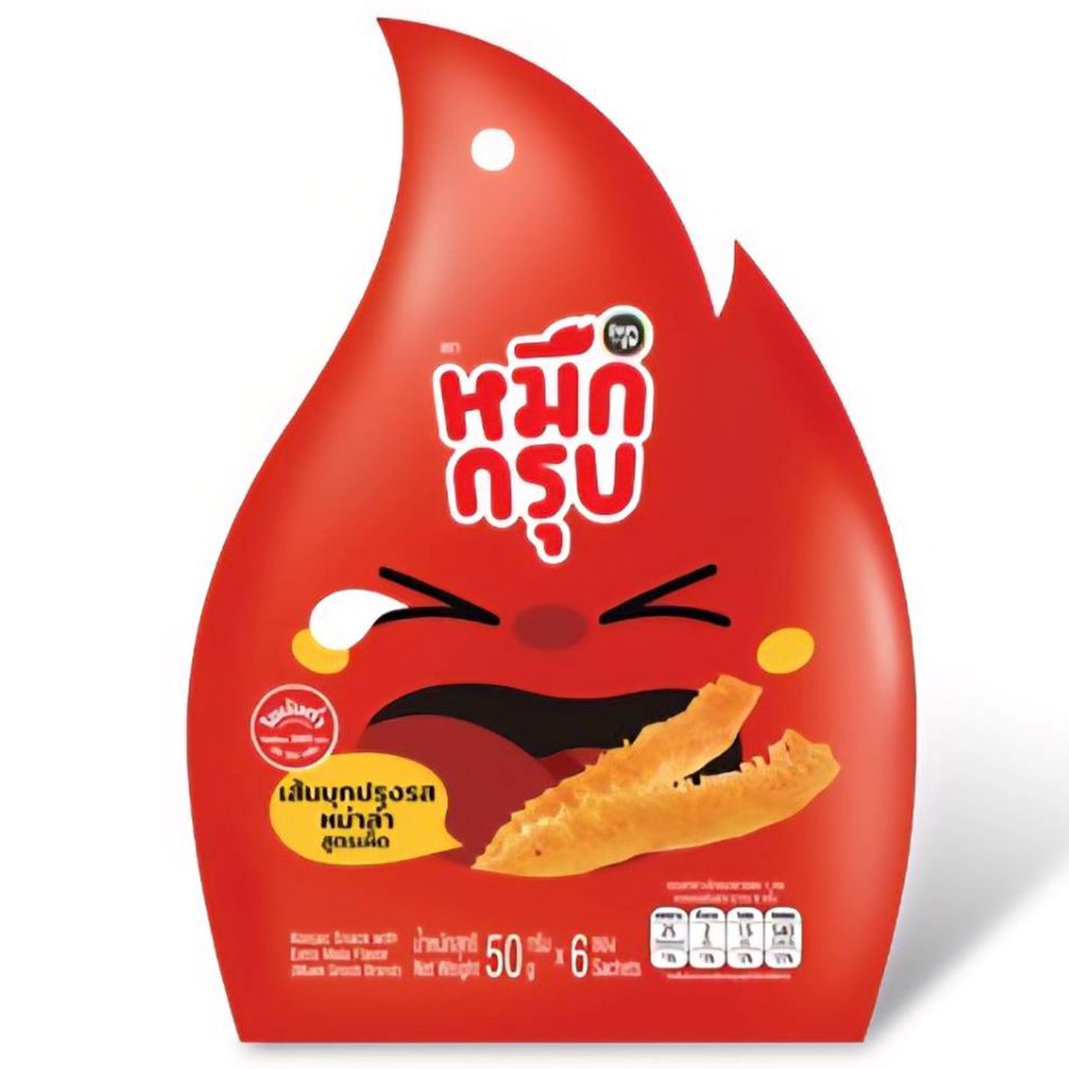 Muek Groob Konjac Snack with Mala flavor, spicy and chewy confectionery snack in packaging, by Muek Groob.