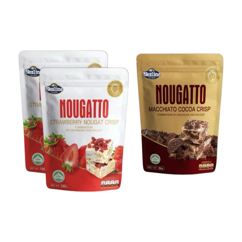 Nezline Nougatto snack confectionery, close-up of creamy nougat treat with nuts and caramel layers, wrapped in colorful packaging.