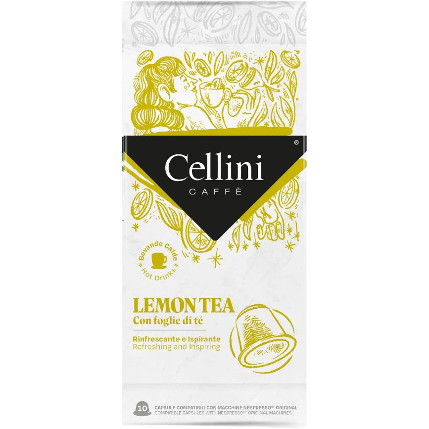 Cellini Lemon Tea capsules for drinks, showing a close-up of the capsule packaging with lemon tea flavor branding.