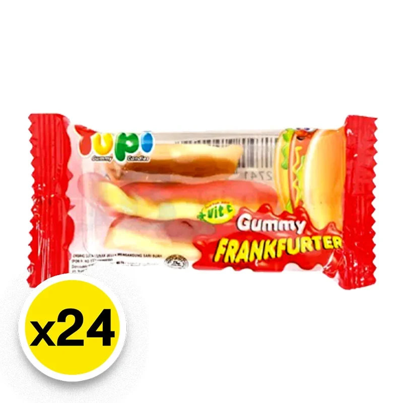 Yupi Gummy Frankfurter snack in 7g pack, colorful gummy candy shaped like frankfurters, perfect for snacking and confectionery.