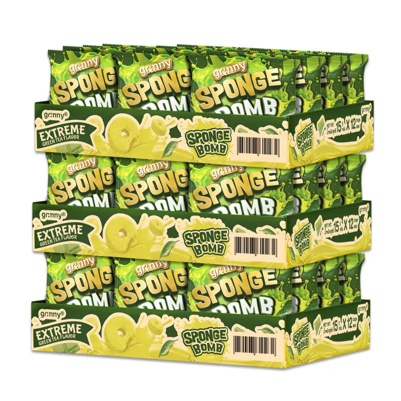 GRINNY Sponge Bomb Snack Extreme Green Tea flavor, 15g x3 packs, dry grocery snack with green tea confectionery on packaging