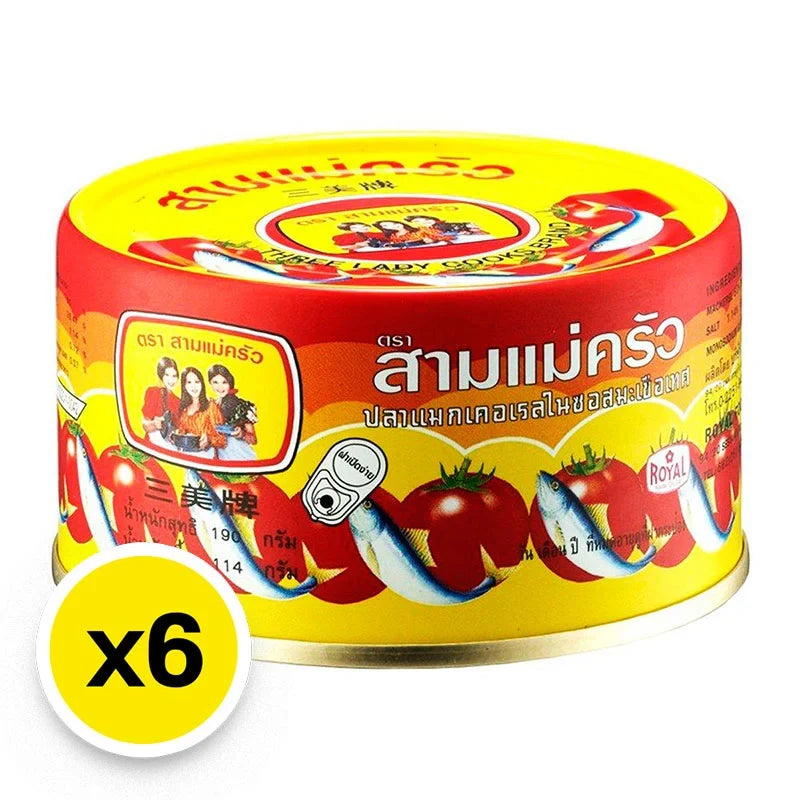 Cans of Three Lady Cooks Mackerel in Tomato Sauce, 190g each, arranged in a pack for dry grocery shopping.