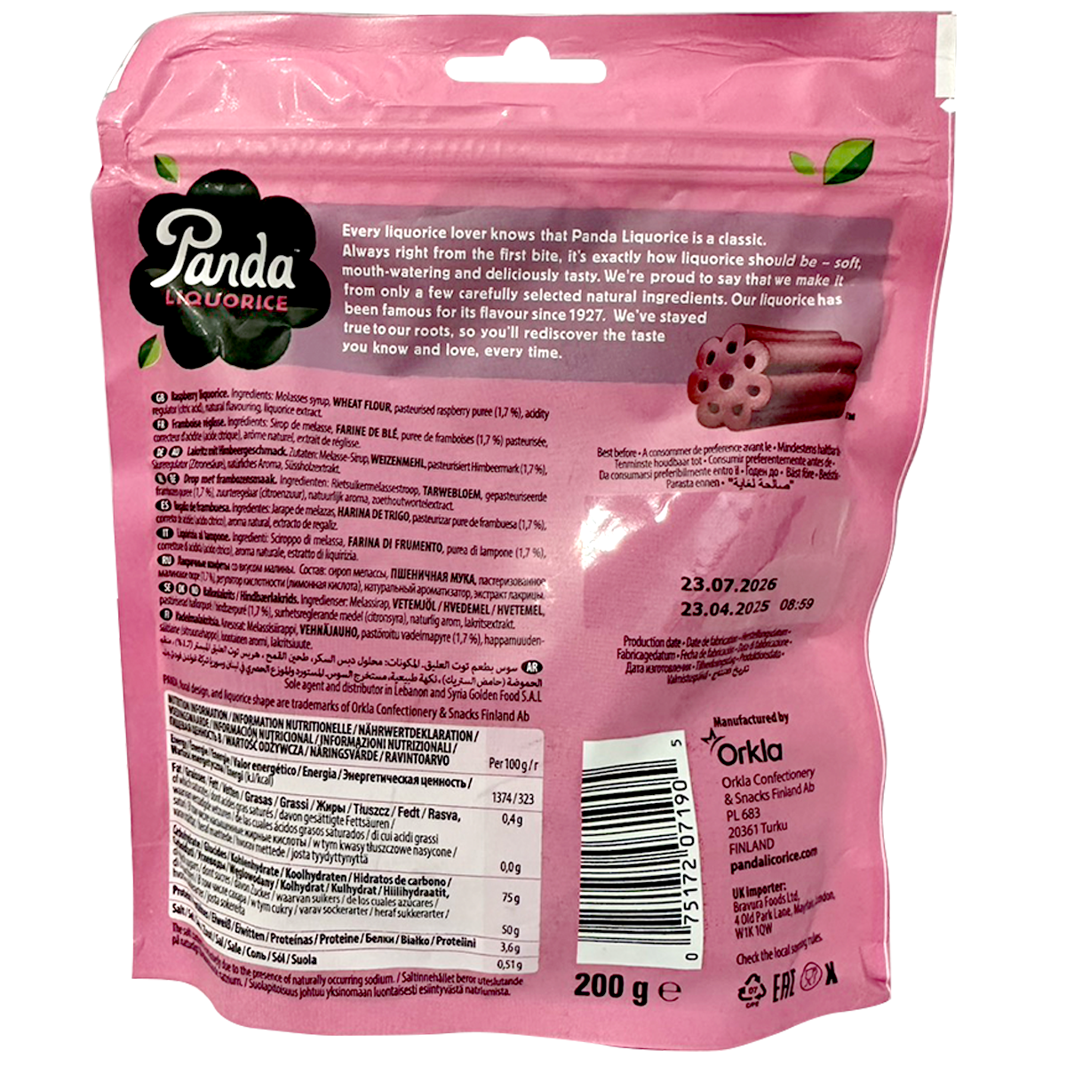 Panda Liquorice Raspberry confectionery snacks featuring black liquorice with raspberry flavor and colorful packaging.