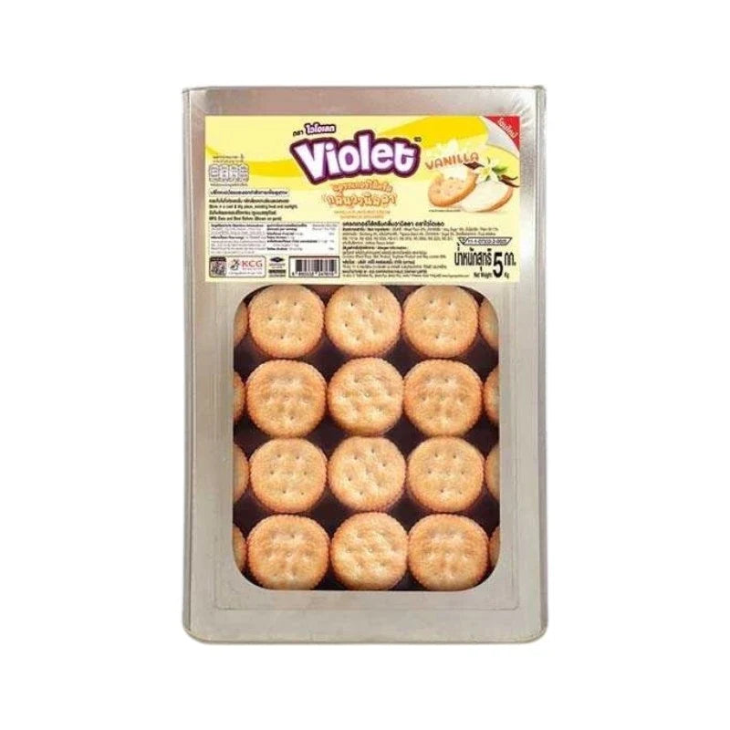 Violet Cracker Vanilla 5kg box of dry grocery snack crackers with vanilla flavor, from the VIOLET brand.
