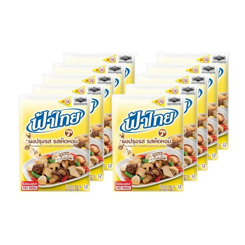 Fathai Mushroom Flavored Seasoning Powder in 75g packs, dry grocery product with mushroom powder in a resealable bag.