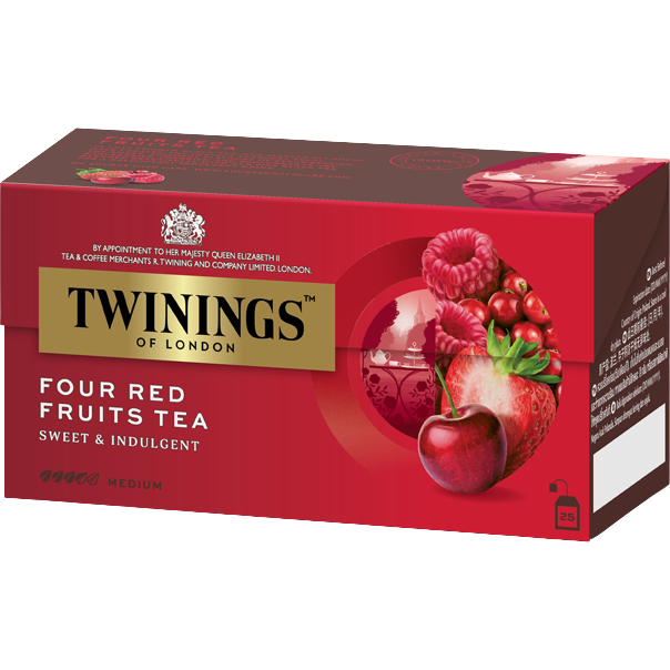 Twinings Four Red Fruit Tea drink in a clear glass, showcasing vibrant red fruit infusion and tea.