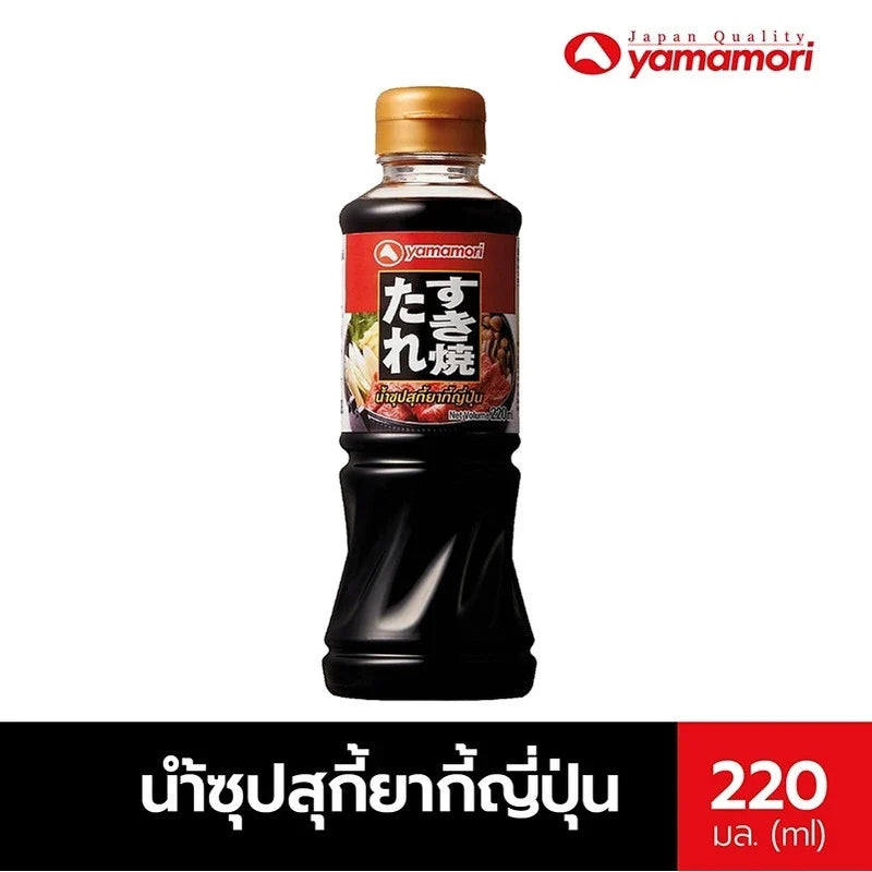 Yamamori Sukiyaki Soup, 220ml bottle, part of a 24-pack, Japanese-style dry grocery product with savory soup liquid.