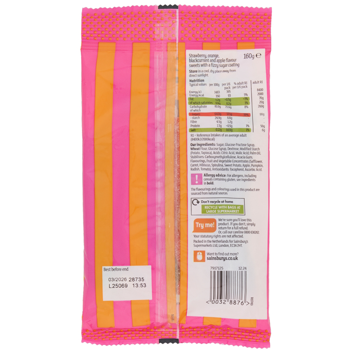 Colorful Sainsbury's Fizzy Rainbow Pencil Sweets, a vibrant confectionery snack with bright, rainbow-colored, fizzy candy pencils.