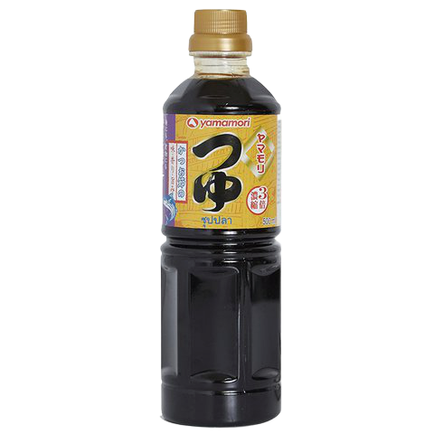 Bottle of Yamamori Tsuyu Sauce for cooking and dipping, featuring a clear label with Japanese characters and a dark soy-based liquid inside.
